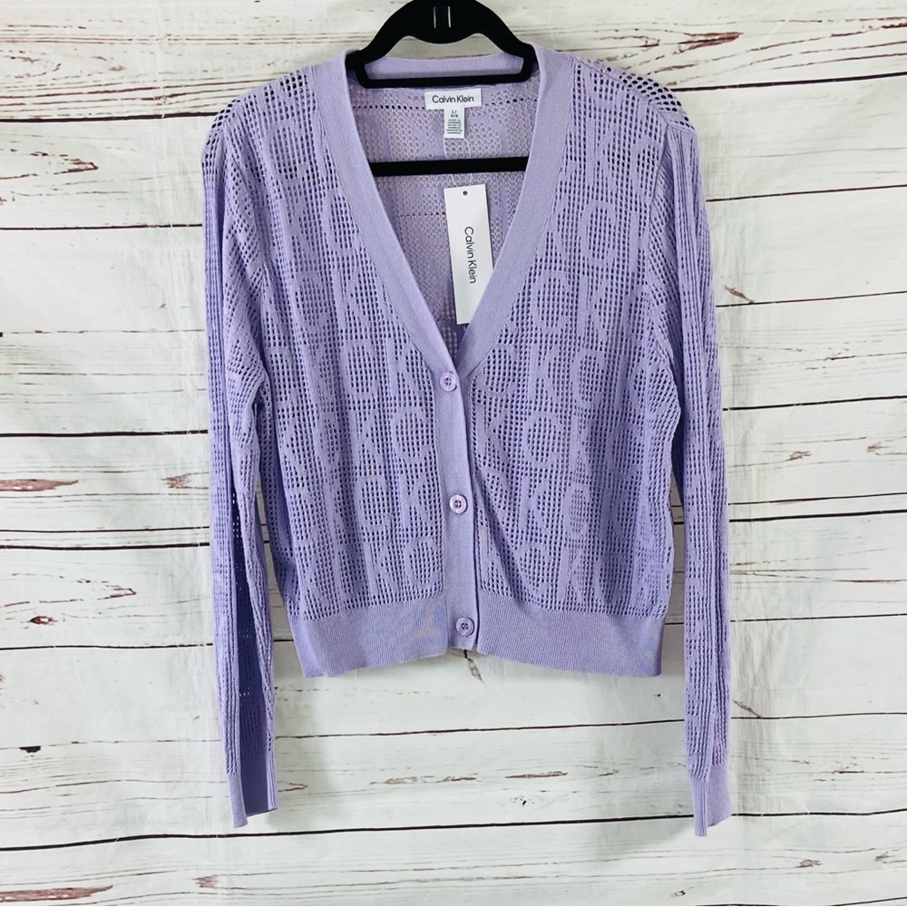 Calvin Klein Women’s‎ Cardigan Size L Purple Signature Logo Buttons Open Knit